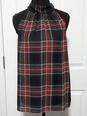 Women’s J Crew Sleeveless Plaid Blouse High Neck Tie Back Size 0
